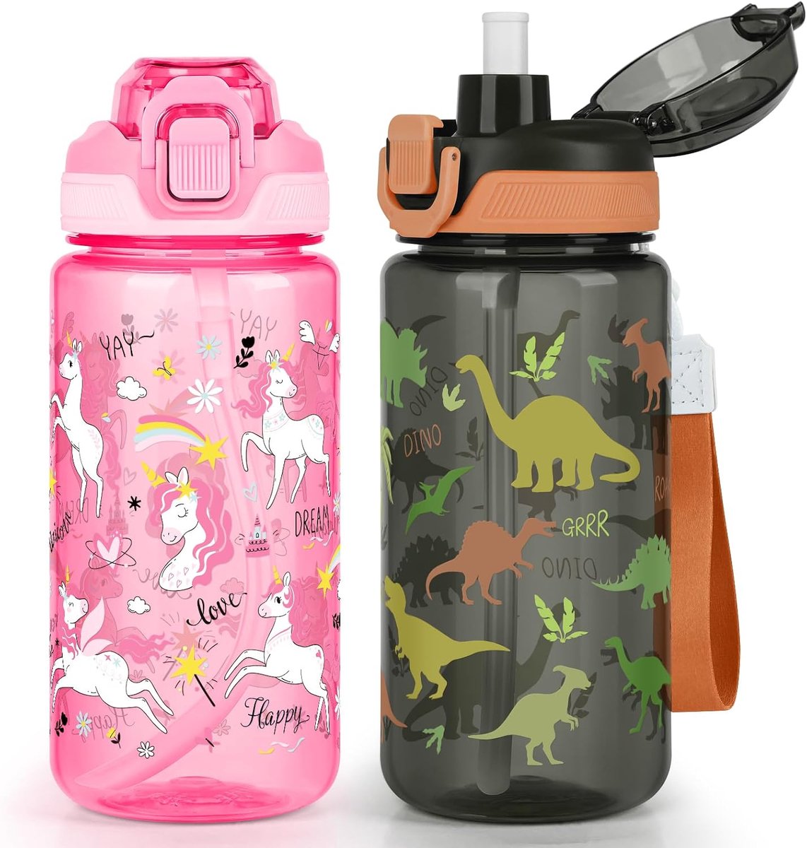 Kinderwaterfles voor school, verpakking van 2 stuks, 600 ml, lekvrije 2-in-1 waterfles met pop-up loskoppelbaar rietje, vaatwasmachinebestendig (eenhoorn/dinosaurus)