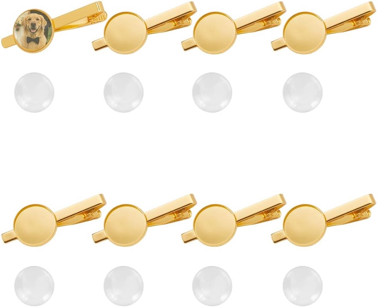 8 stuks blanco dasspels, knutselset, cabochon, fittingen van goudkleurig messing, met glazen koepel, platte ronde dasspels, accessoires voor het maken van individuele sieraden