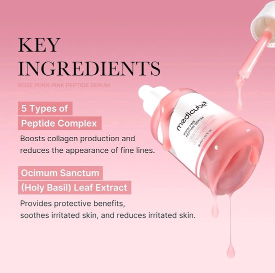 Roze peptide serum met druppelaar. Tekst: 'Key ingredients', '5 Types of Peptide Complex', 'Ociimum Sanctum (Holy Basil) Leaf Extract'.