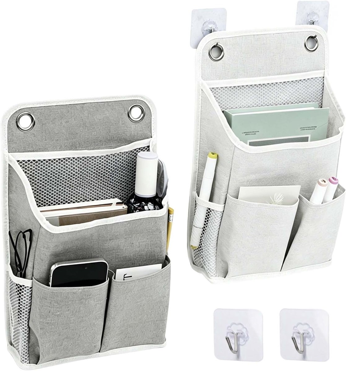 2 stuks wandopbergtassen met 5 vakken, organizer om op te hangen, opvouwbaar, organizer om op te hangen, tas van linnen, katoen, waterdicht, met 4 haken, voor slaapkamer, keuken, badkamer (beige +