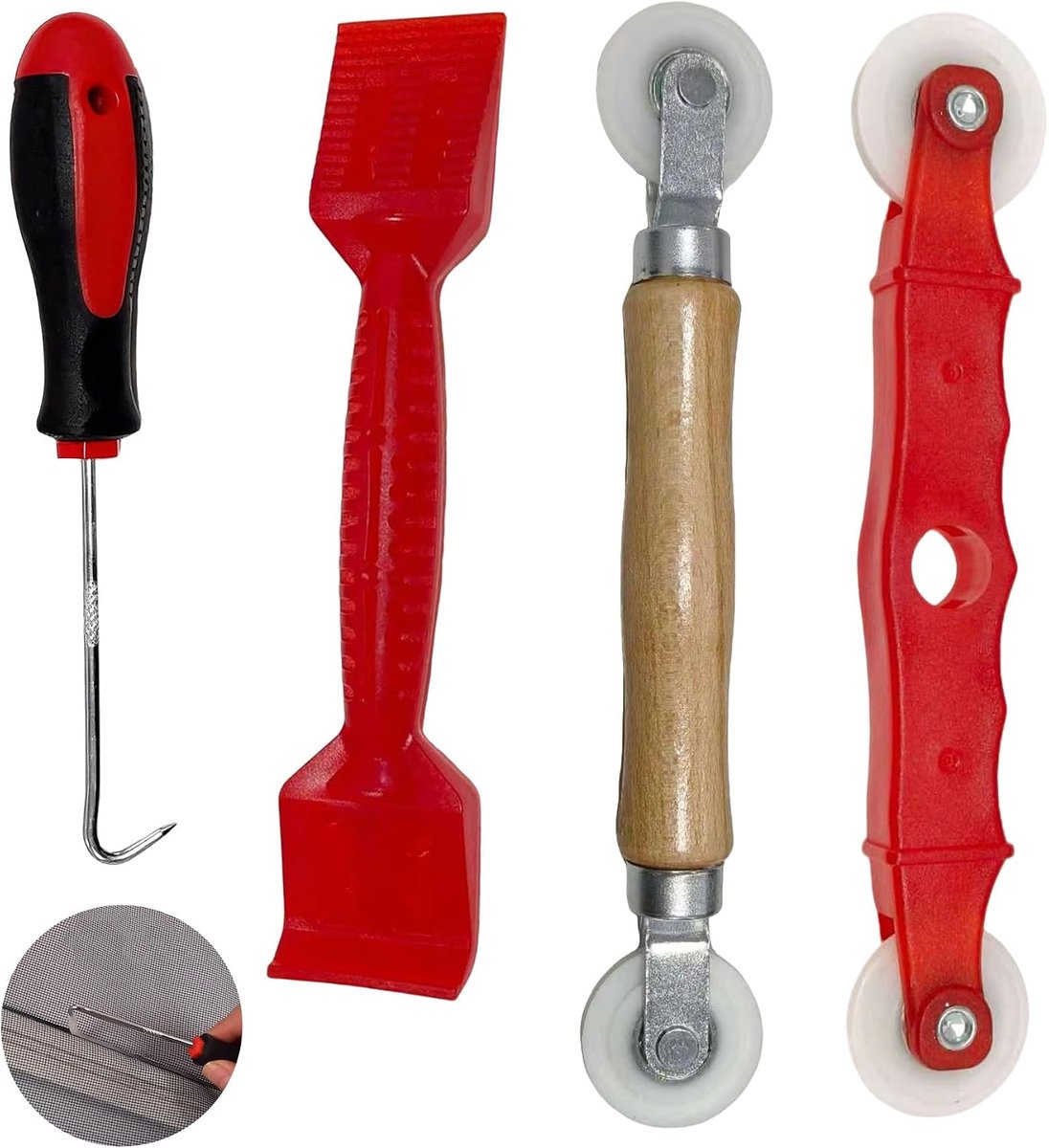 4 stuks reparatie- en installatiegereedschap voor muggen en ramen met spanrol met nylon wielen, haken en rubberen banden, complete accessoires voor schermen