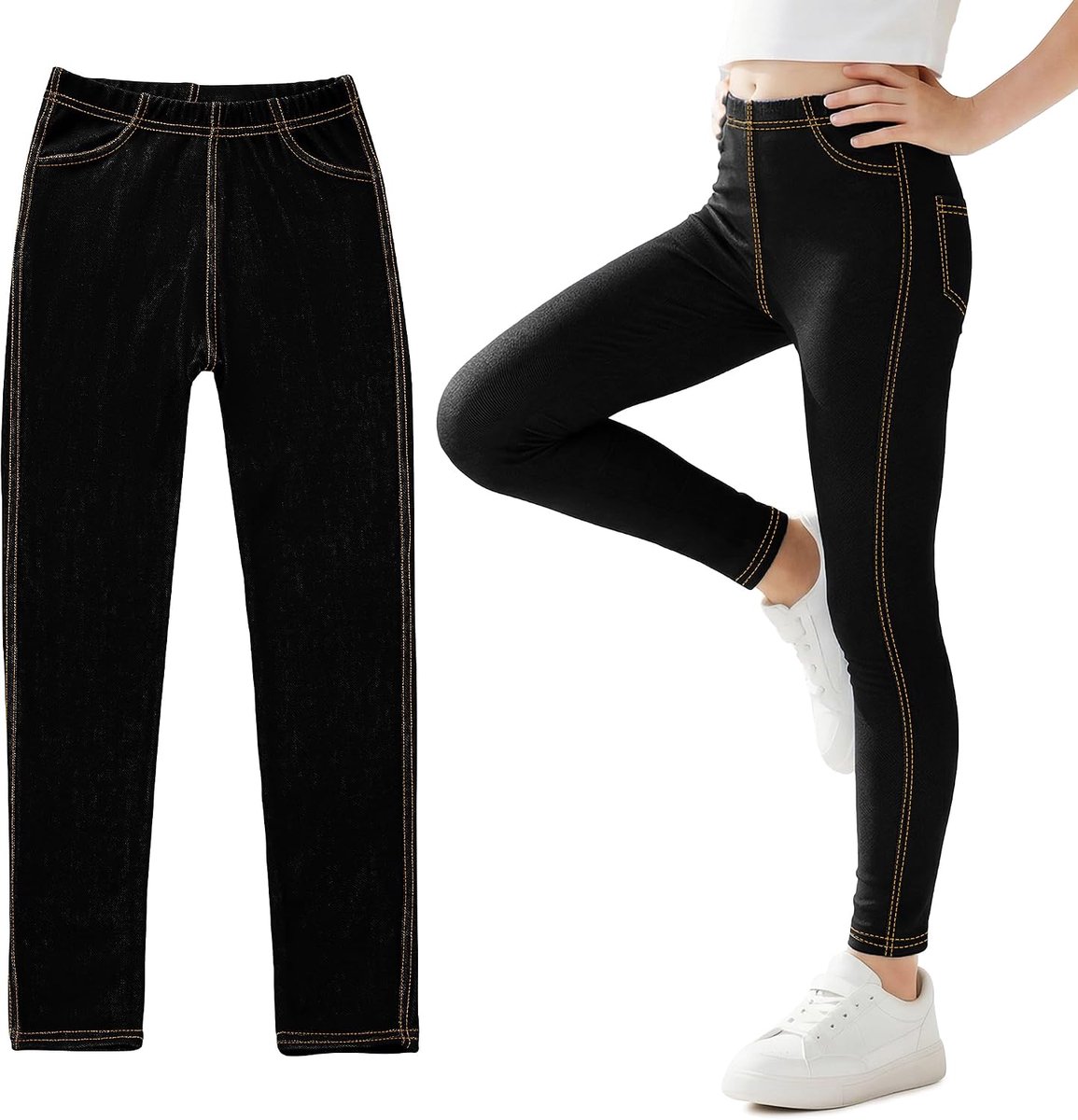 Leggings voor Meisjes, Jeans-look Sport Jeggings Hoge Taille Lange Broek Slim Fit Elastisch Sportbroek met Zakken School Dagelijks Outdoor voor Meisjes 6-13 Jaar