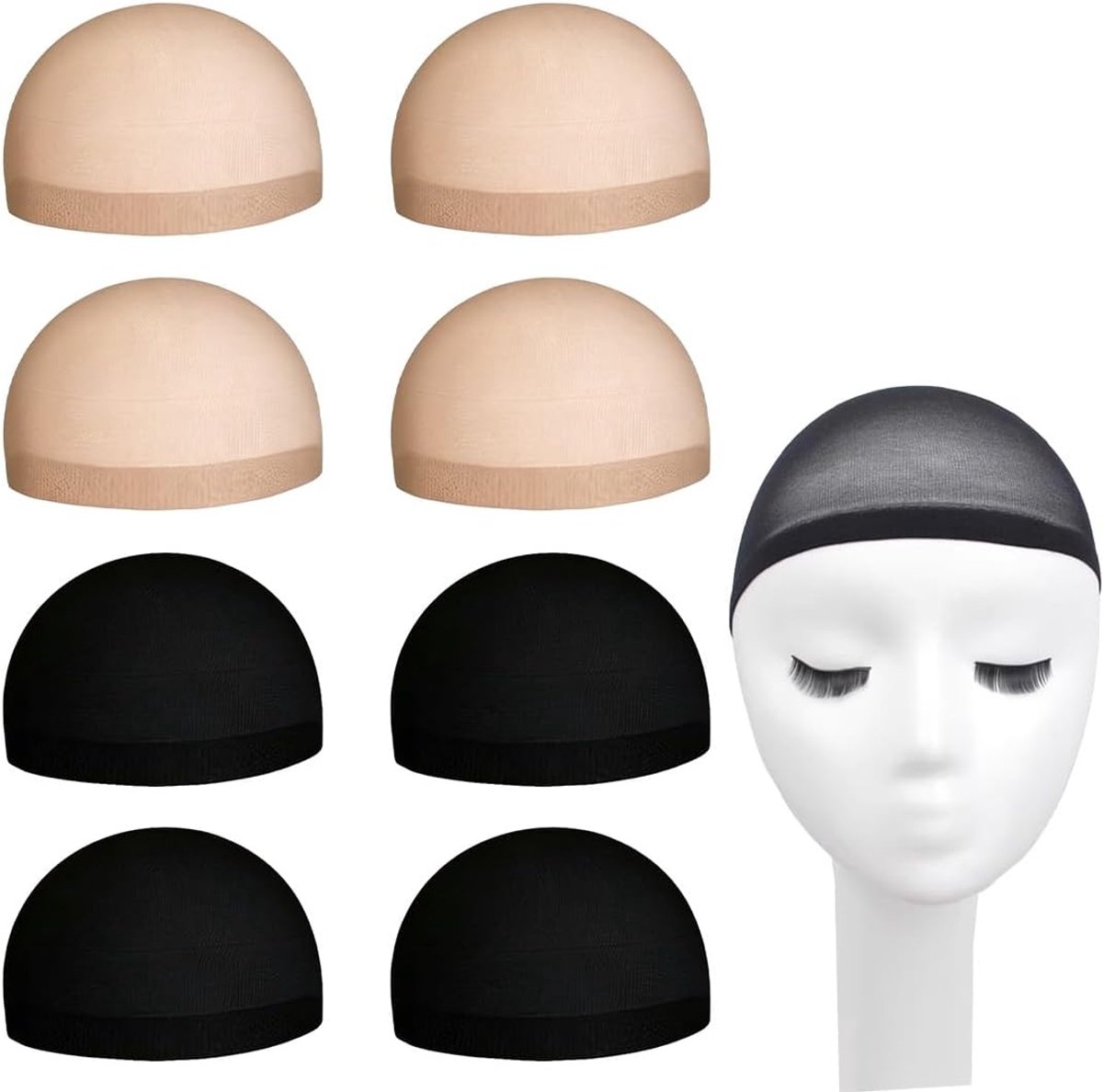 Pruiken, 4 stuks huidskleur en 4 stuks zwart