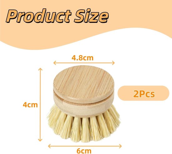 Afwasborstel, 2 stuks afwasborstel Sisal borstelharen, bamboe natuurlijke schrobborstel, vervangende borstels, voor keuken, camping, reiniging of elke pot wassen — afbeelding 2