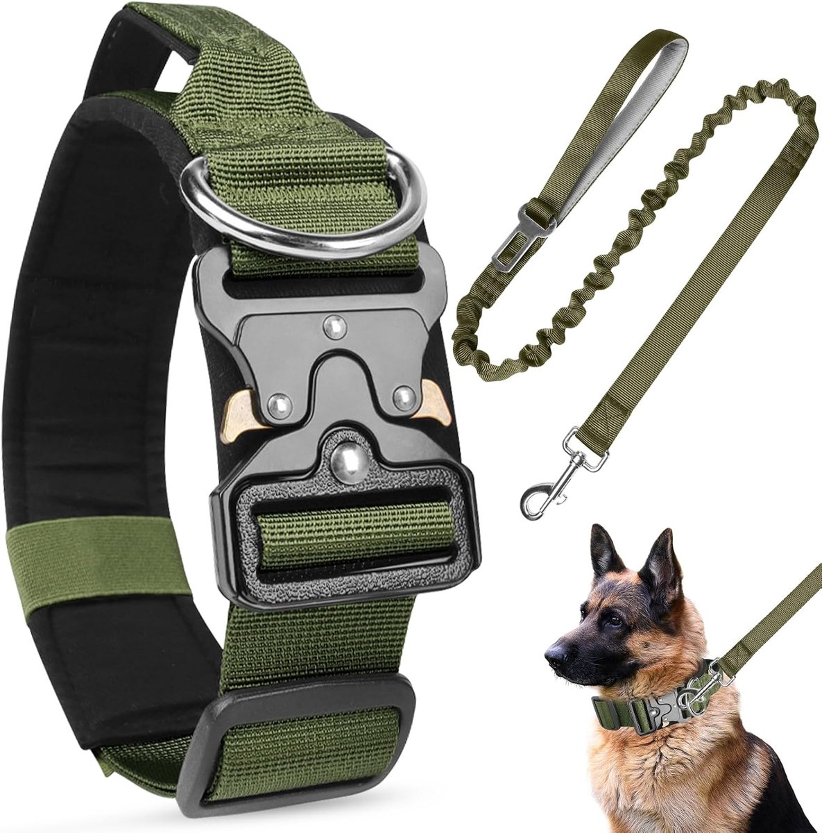 Hondenhalsband, verstelbaar met stuurgreep (legergroen + riem, XL)