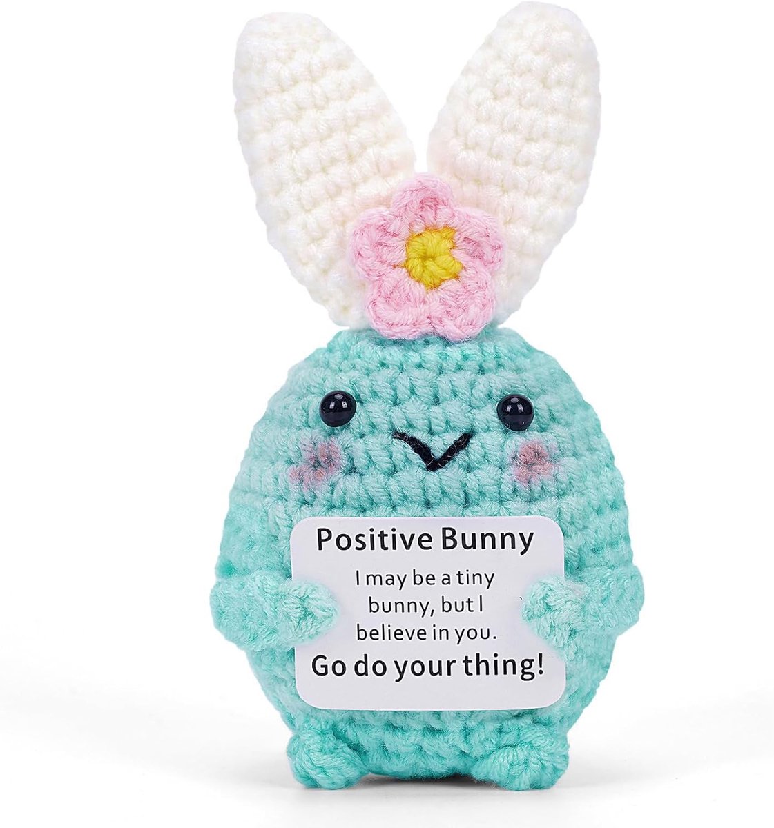 Gehaakte haas positiviteit, emotionele ondersteuning, blauwe gebreide haas met motivatiekaart, schattig mini-gehaakte dierencadeau, unieke paasmandjesvulling