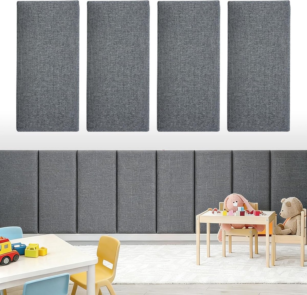 Set van 4 gevoerde wandpanelen, 40 x 20 cm, zelfklevend, rechthoekige decoratieve wandpanelen, wandkussen voor hoofdeinde, kinderkamer, slaapkamer en kantoor, donkergrijs