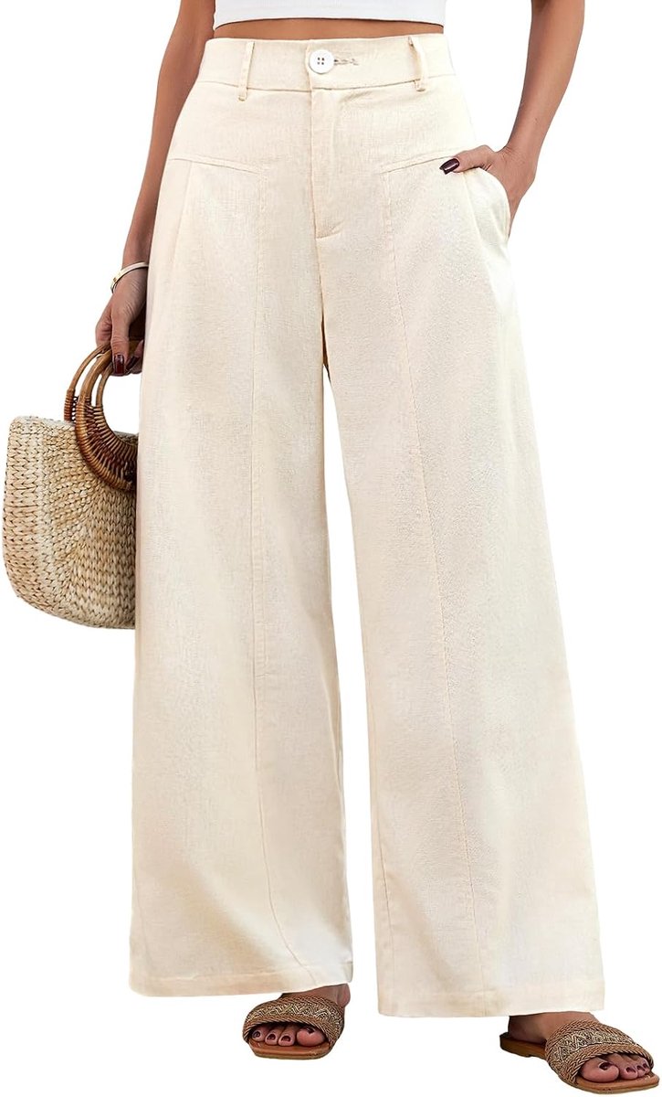 Palazzo linnen damesbroek, zomerbroek, lichte rechte pijpen, losse vrijetijdsbroek, lang, elastische tailleband, casual comfortabele stoffen broek, strandbroek met knoopsluiting