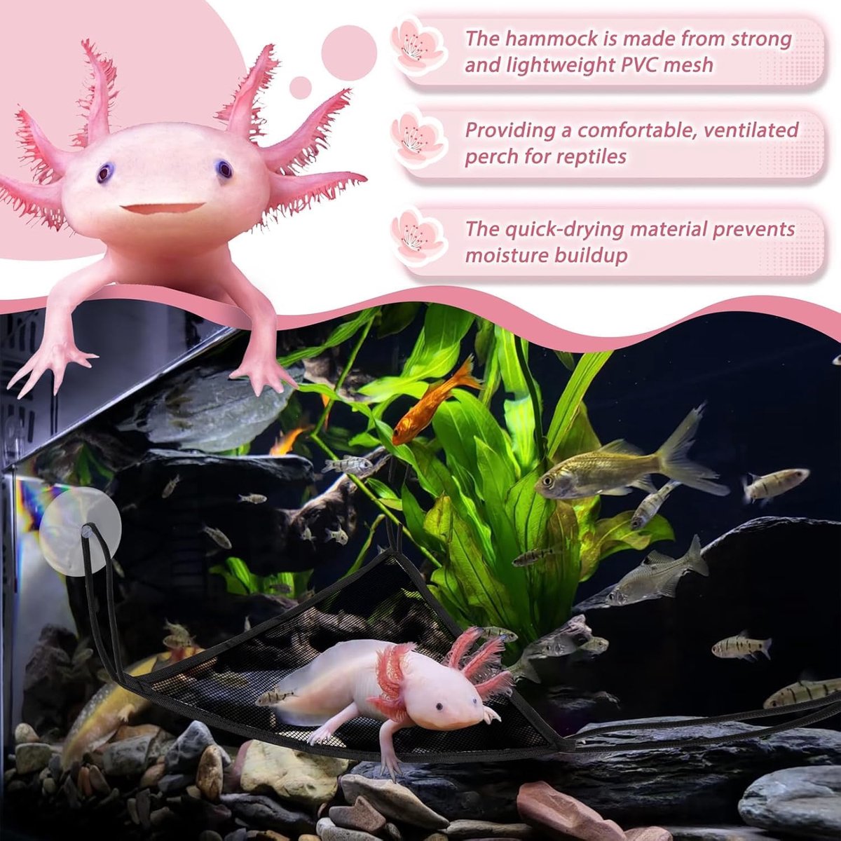 Hangmat voor aquarium, hagedissen, aquarium, bartagamen, Axolotl accessoires, met grote zuignap en bevestigingsriem, geschikt voor gekko's, bartagamen en kameleons
