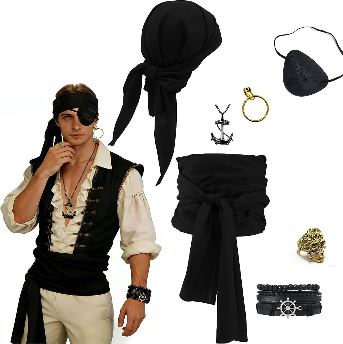 Kostuum accessoireset voor volwassenen - carnaval Halloween accessoires: sjaal, riem, armband, halsketting, ringen, oogpatch met één oog
