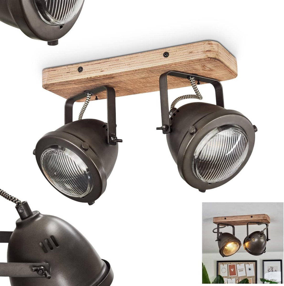 Plafondlamp Glostrup, dimbare plafondlamp van metaal/hout in bruin, 2-lichts, lampenkap draai- en kantelbaar, 2 x GU10-fitting, retro design spot, zonder gloeilampen