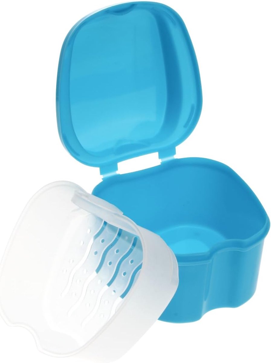 Tandprothesendoos met net, opbergdoos voor gebitreiniging en opslag, draagbare tandrail (blauw)
