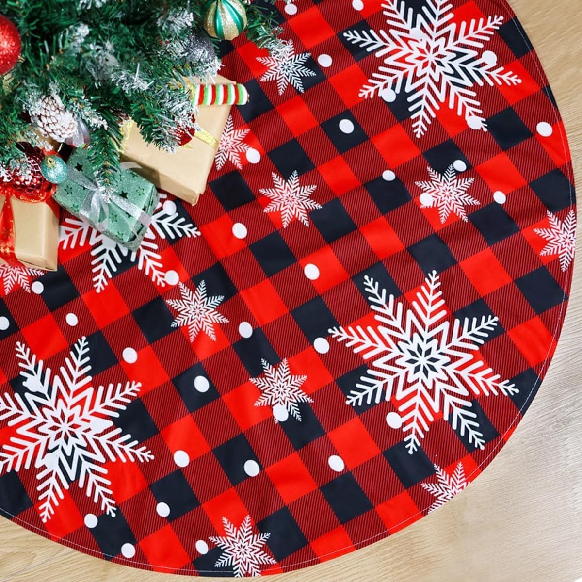 Sneeuwvlok, 120 cm, rode boomrok, rond, grote kerstboomrok, kerstboomdeken, rond, pluche, grote kerstboomdeken, voor kerstboomdecoraties (A)