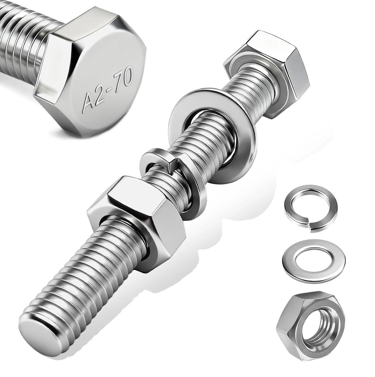Zeskantschroeven en moeren, M8 x 60 mm, 20 stuks zeskantschroeven van roestvrij staal A2 V2A, DIN 933 bouten en moeren sluitringen set - voor machines, auto's, meubels, fietsen, motorfietsen