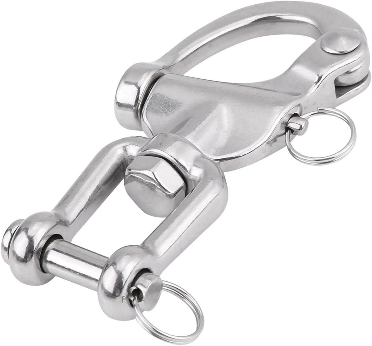 316 Stainless Steel Jaw Swivel Snap Shackle for Sailboat Spinnaker Halyard, Heavy Duty Swivel Snap Shackle Hook with Small Steel Ring, Pin, Includes Split Ring on Plunger Pin