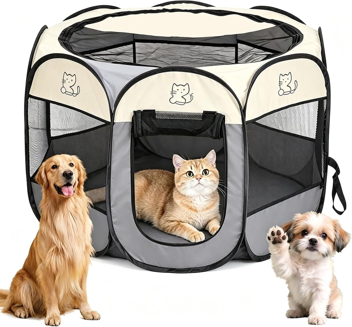Opvouwbaar, voor thuis, puppybox, kattenhok voor binnen en buiten, hondenkooi, hondentent, vrijloophok, konijnenhok, kat, hond, katten, tent, hok voor kleine dieren (beige + grijs)