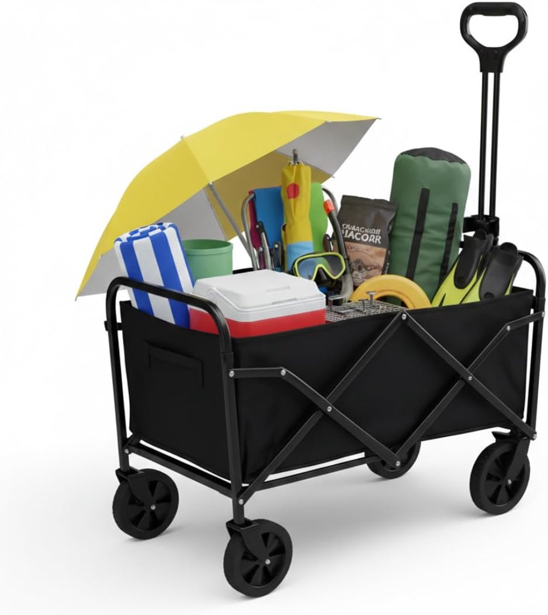 Opvouwbare multifunctionele trolley, belastbaar tot 100 kg, 360° wielen, verstelbare telescopische handgreep, compact design en eenvoudige montage, ideaal voor camping, strand en tuin