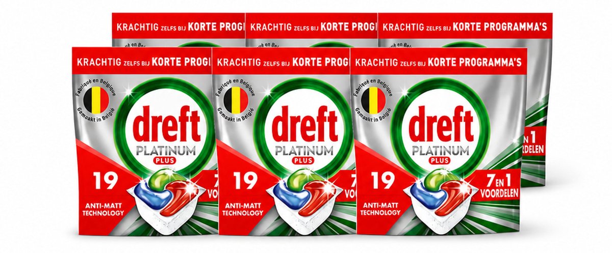 6 x Dreft - Vaatwastabletten - Platinum Plus All-in-One - Krachtige reiniging - 19 Tabletten - Voordeelverpakking - 6 stuks