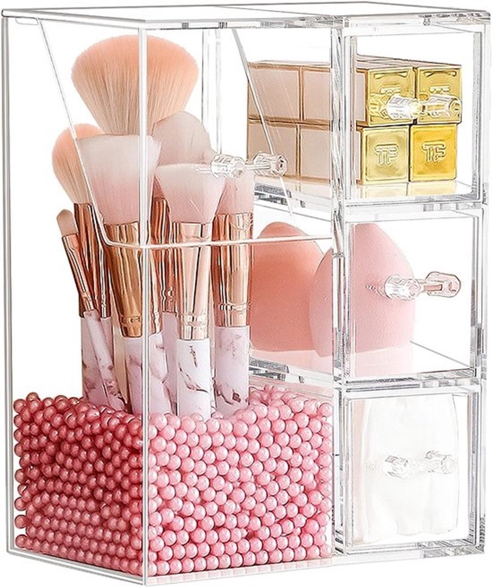 Opslag Cosmetische Borstel Organizer - Make-up Borstel Houder Beker Stofdicht Acryl Transparant Karton met Roze Parel