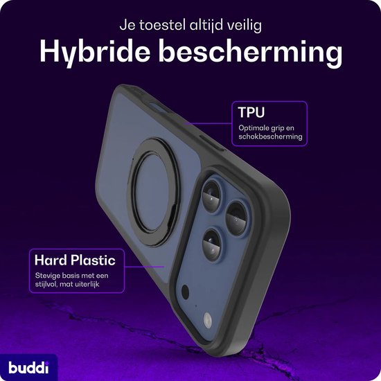 Hybride telefoonhoes met ringstandaard, met tekst over TPU en hard plastic.