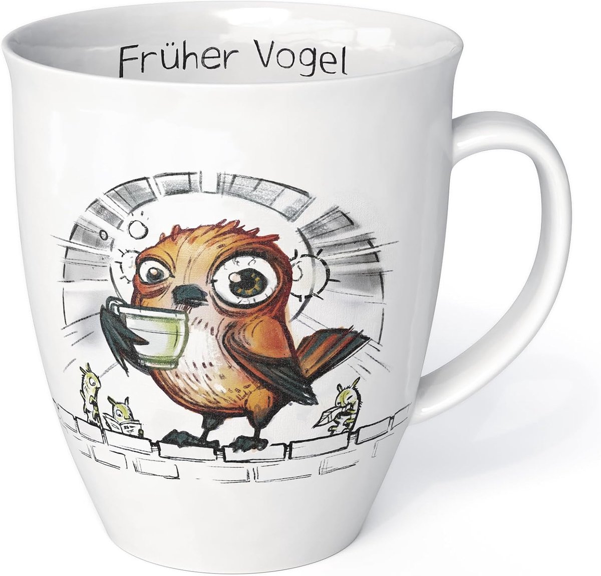Diermotief met spade als vroege vogel Made in Germany porseleinen beker (vroege vogel)