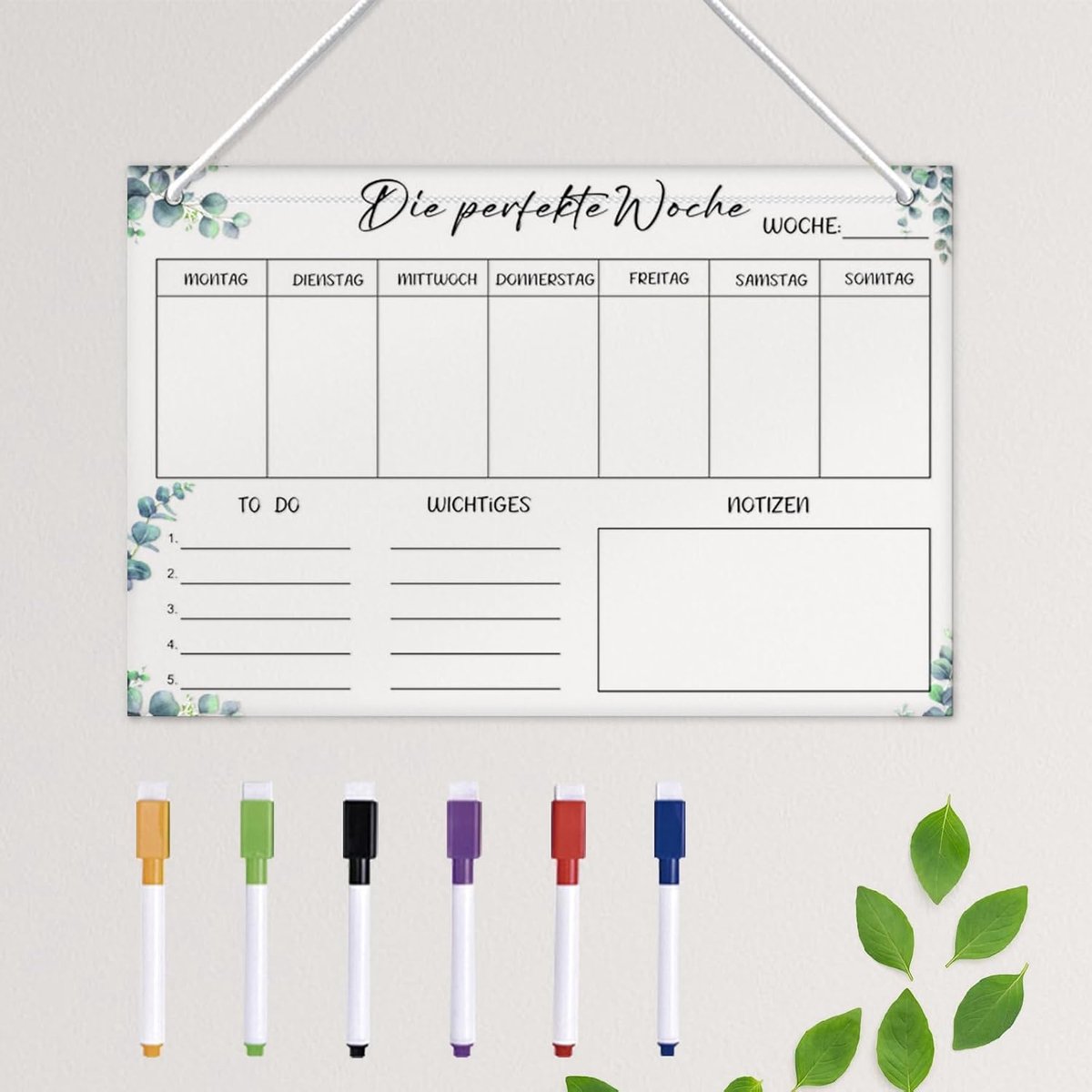 Weekplanner, 30 x 20 cm, weekplanner van acrylglas, om op te hangen, weekplanner, wandplanner met bladwijzers, koorden en haken