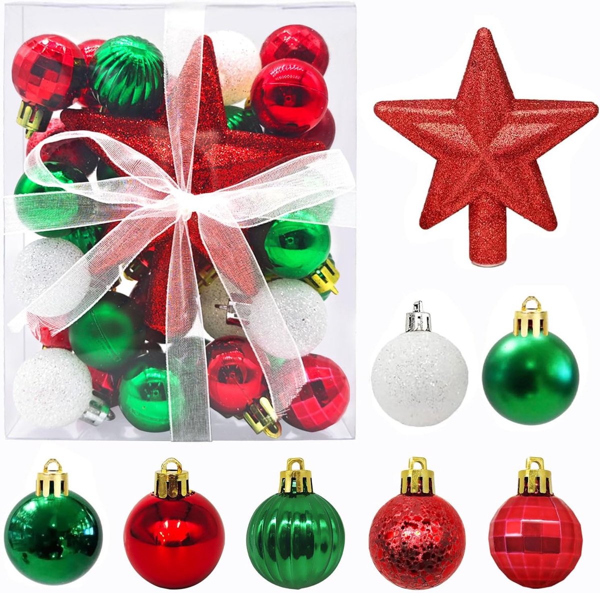 Kerstballen met hanger, 3 cm, kleine kerstballen, rood, groen en wit, mini-kerstboom, tafel-kerstboom, decoratieset