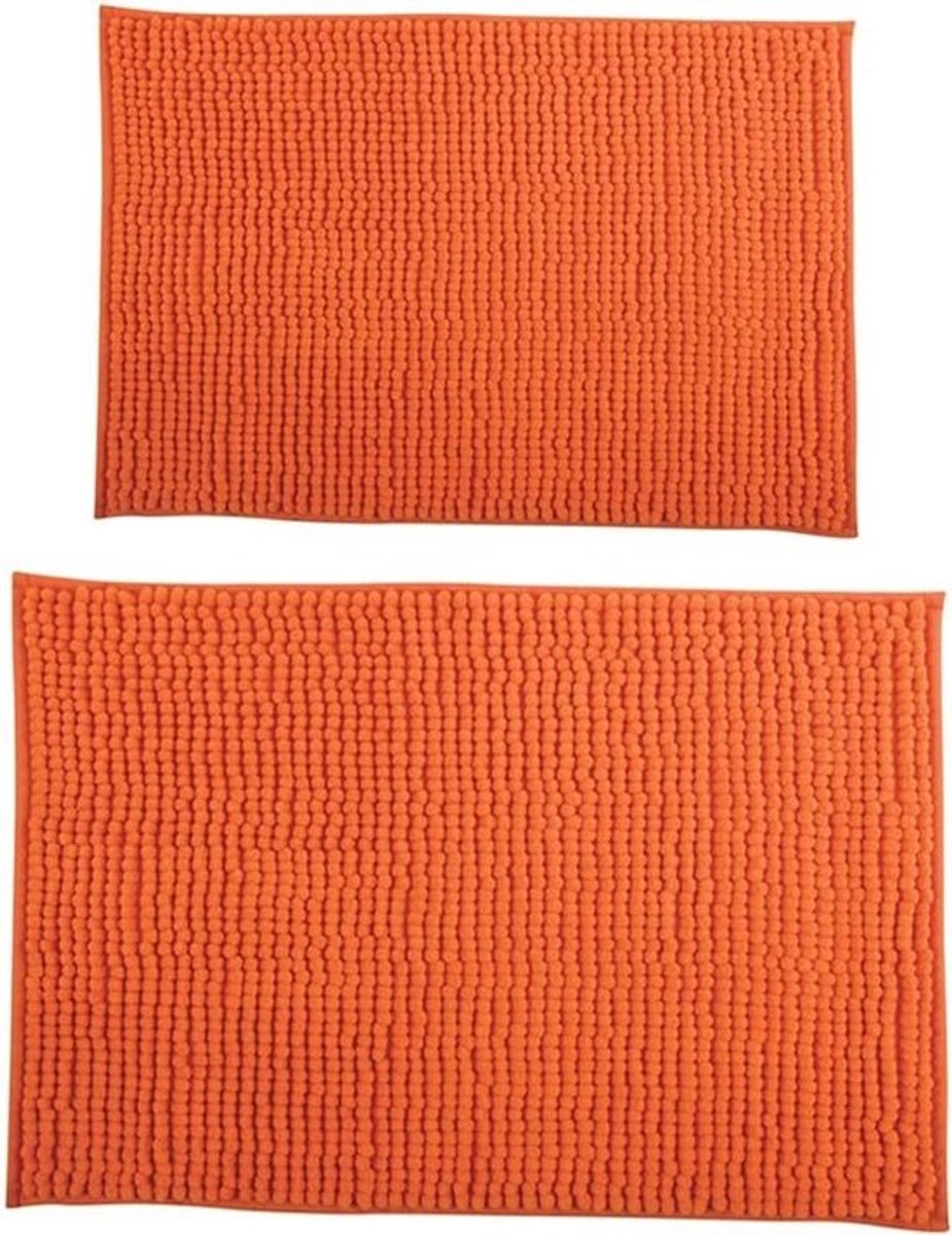 Set van 2 Oranje Badkamertapijten, Chenille, Hoogpolig - Douchemat 40 x 60 cm en 60 x 90 cm