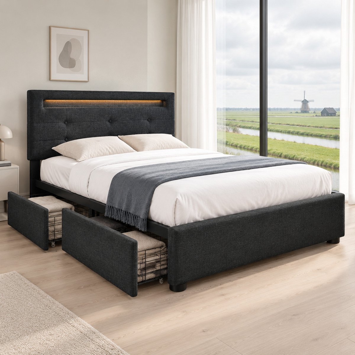 WUVRIE Bedbodem met bedframe 90x200 cm, LED-verlichting, 2 lades en verstelbaar hoofdeinde, zwart