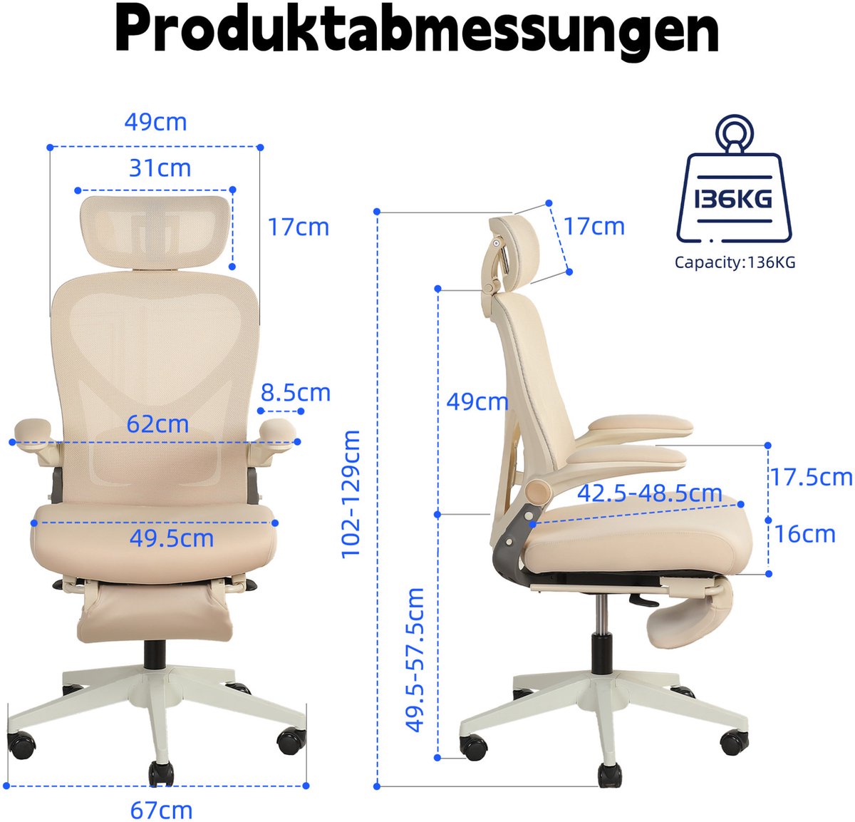 DESMIU Bureaustoel 102-129 cm - Ergonomisch En Inklapbaar - Verstelbare Lendensteun En 3D Hoofdsteun - Voor Kantoor En Studie En Gamen - Mesh Crème