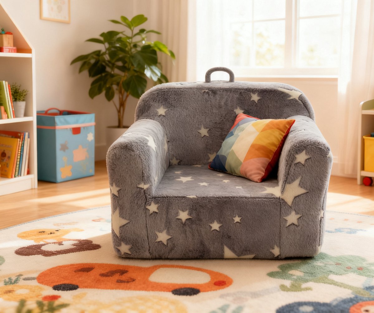 DESMIU Kinderfauteuil 64 x 49 x 49 cm - Met Armleuningen, Draaggreep En Afneembare Hoes - Voor Kinderkamer En Speelhoek - Stof Grijs Met Sterren