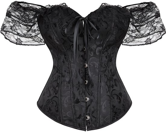 Zwart kanten off-shoulder korset met ruches, strik op de borst en korte pofmouwen van kant.