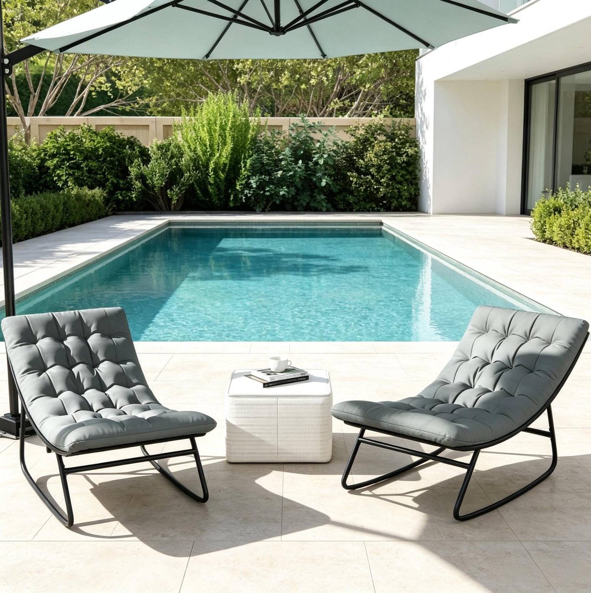 REDOM Fauteuil - Schommelstoel set van 2 - Gewatteerde zitting - Metalen frame - Terras en balkon - Staal en polyester - Donkergrijs en zwart - 64 x 101 x 71 cm