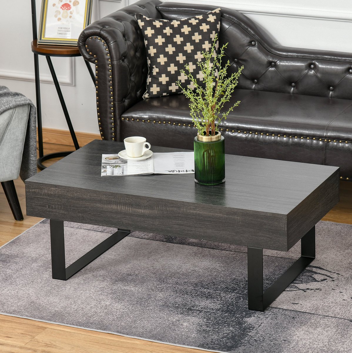 FloraGrace Salontafel - Met Lade En Open Vakken - Modern Voor Woonkamer En Kantoor - Spaanplaat Met Metalen Frame - 110 X 60 X 40 Cm - Donkergrijs