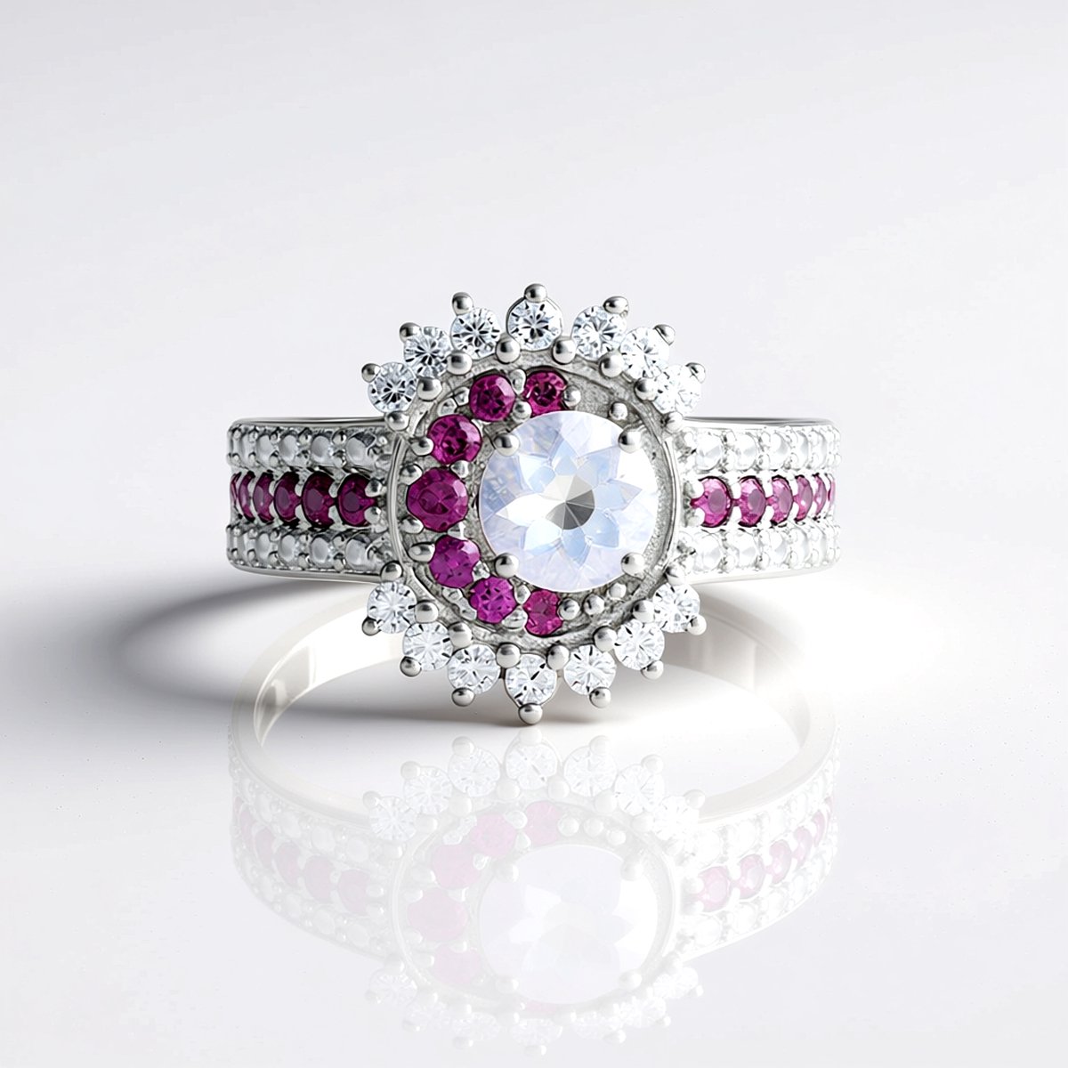Cavill - Zilveren Ring - 925 Sterling Zilver - Maanblauwe Kwarts 0.63ct - Rhodoliet & Zirkoon 1.7ct Totaal - Elegant Braziliaans Design voor Dames