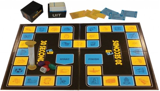 Bordspel 30 SECONDS met zandloper, dobbelstenen, fiches en kaarten. Het speelbord is zwart met gele en blauwe vakjes.