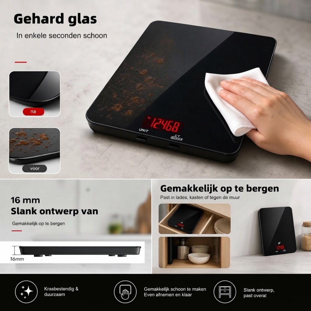 SP® Keuken Weegschaal - Keukenweegschaal - Keukenweegschaal Digitaal - Zwart - 24cm x 18cm x 3cm