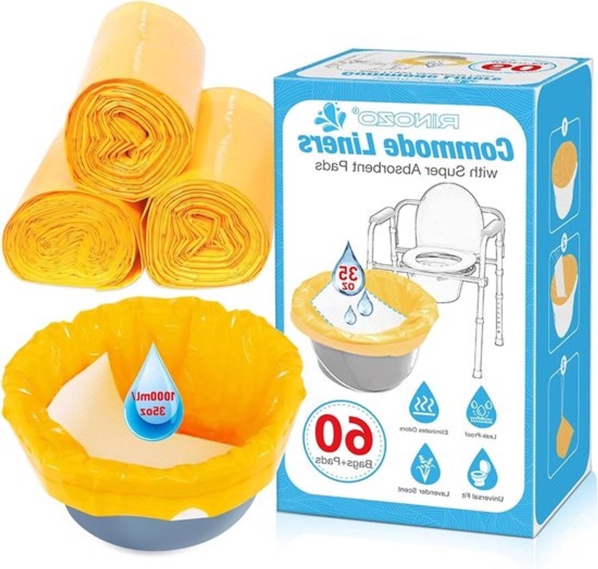 Commode Liners met Super Absorberende Pads 60 Pack - Universele Fit voor Alle Standaard Draagbare Toiletstoel Emmer Wegwerp Afvalzakken