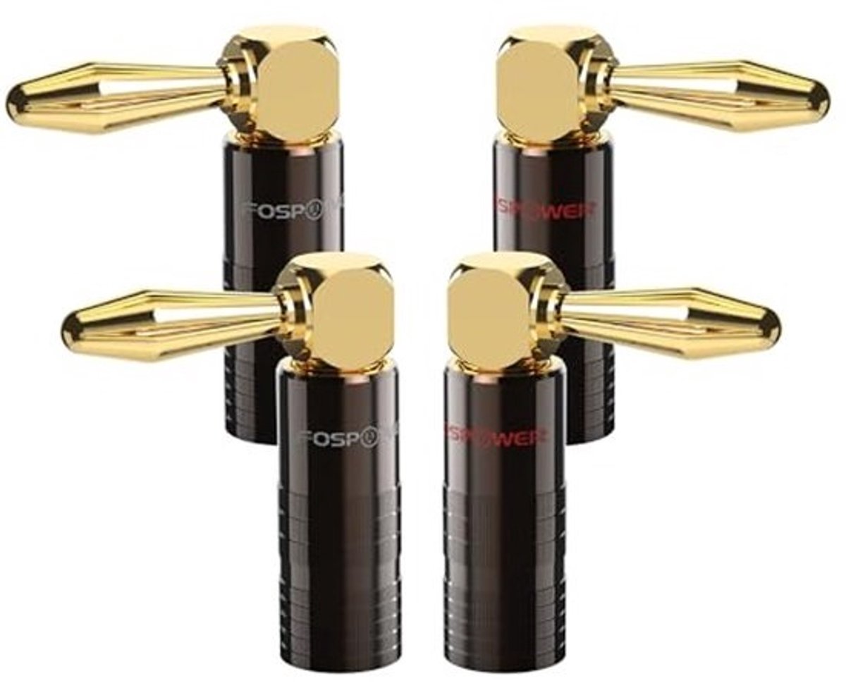 Banana Plugs 2 Pairs | 90 Graden Goud Geplateerd voor Sprekers | Ideaal voor Compacte Ruimtes en Moeilijke Hoeken