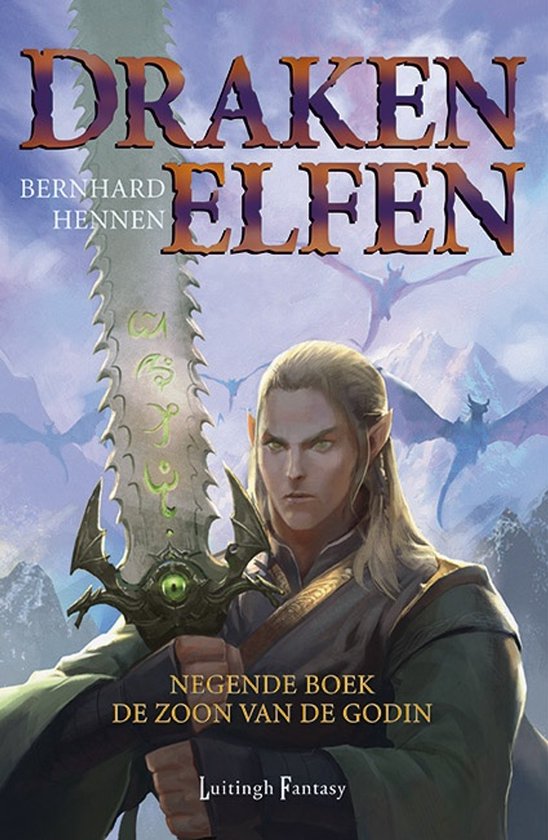 Boekomslag 'Drakenelfen 9', met een mannelijke elf met lang blond haar en een groen gewaad, die een versierd zwaard vasthoudt. Vliegende draken op de achtergrond.