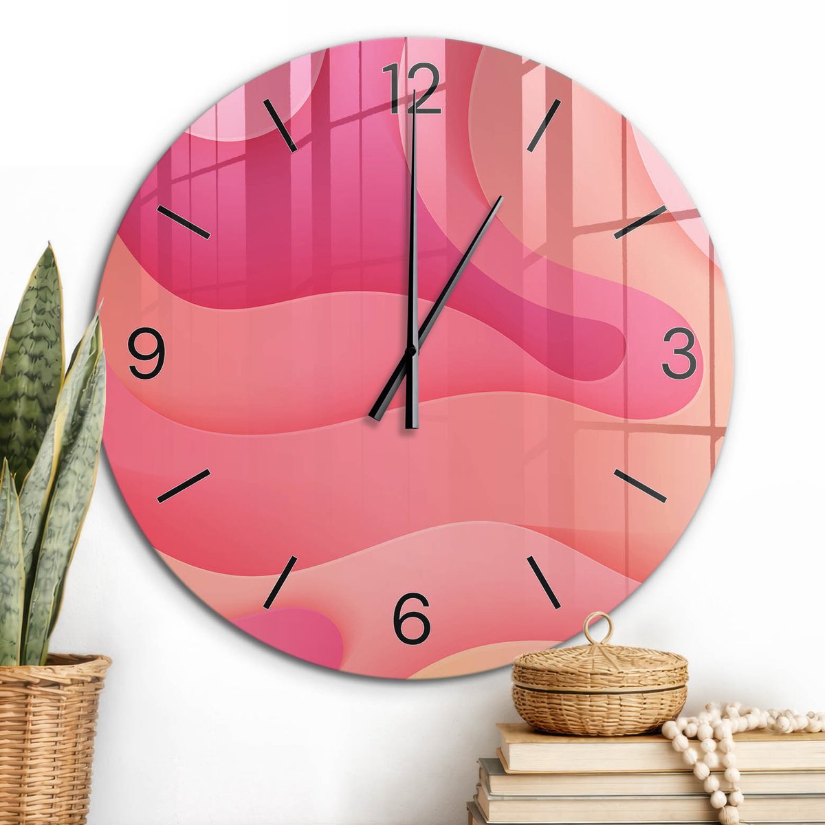 ArtPrintCave Roze Glazen Klok - Wandklok 60 cm - Muurklok Rond - Energetische Abstractie Stille Wandklok - Kunst Wandklok Keuken - Zwarte Klokwijzers