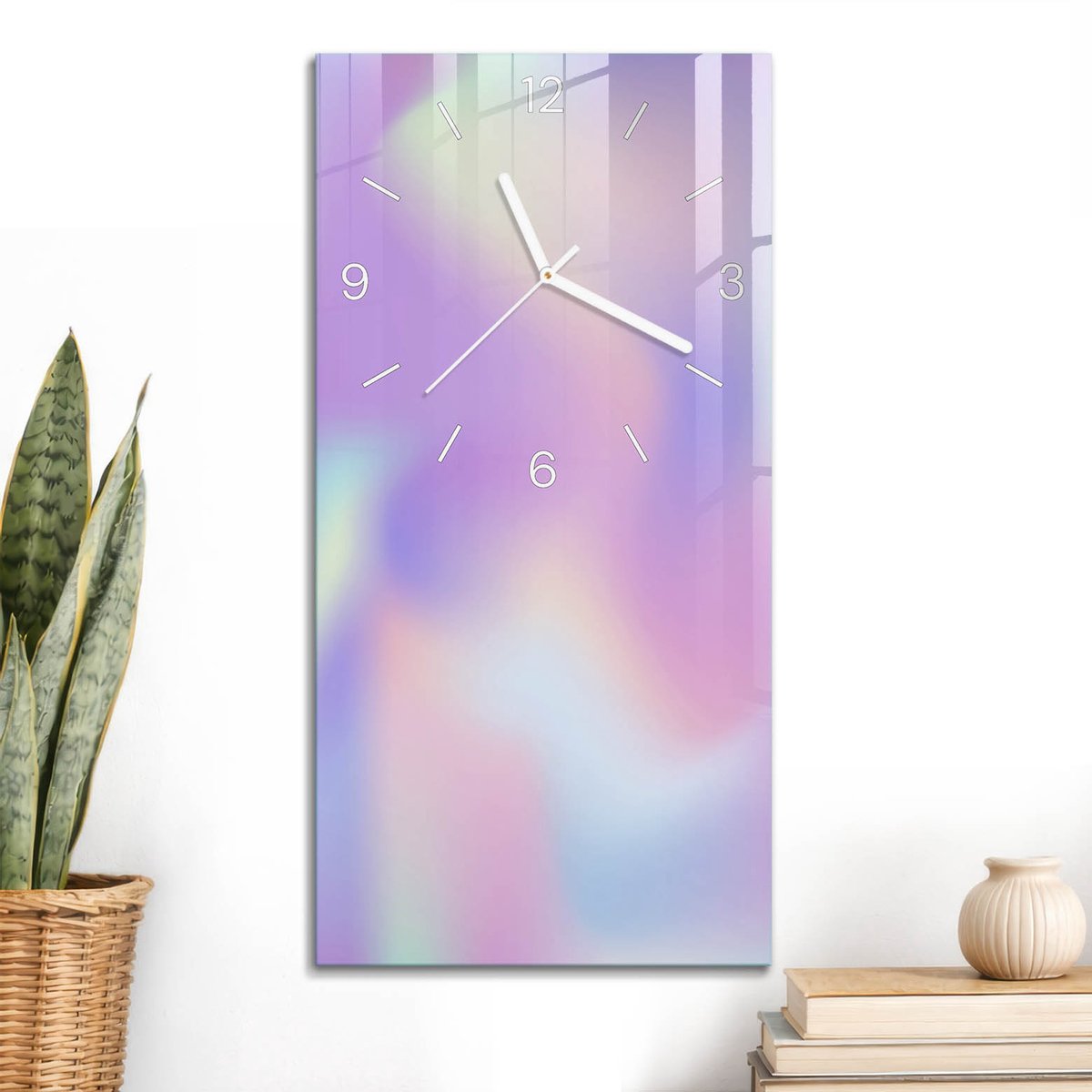 ArtPrintCave Paars Glazen Klok - 30x60 cm - Rechthoekige Wandklok - Pastelkleurige Golven Wandklok Keuken - Achtergronden En Patronen Unieke Klok - Witte Klokwijzers