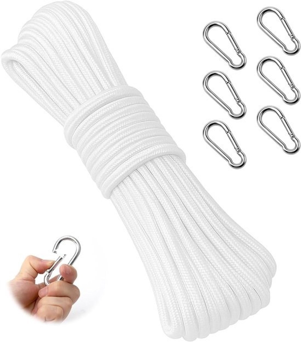 20m Sterke Polyester Touw voor Vlaggen, 6mm Draagkrachtig, Inclusief 6 Haakjes voor Buiten, Tuin en Camping