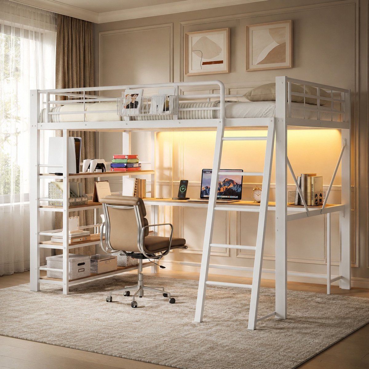 Hoogslaper met Bureau – 140 x 200 cm – Metaal en MDF – Wit – Met Ladder, Opbergruimte en Ledverlichting