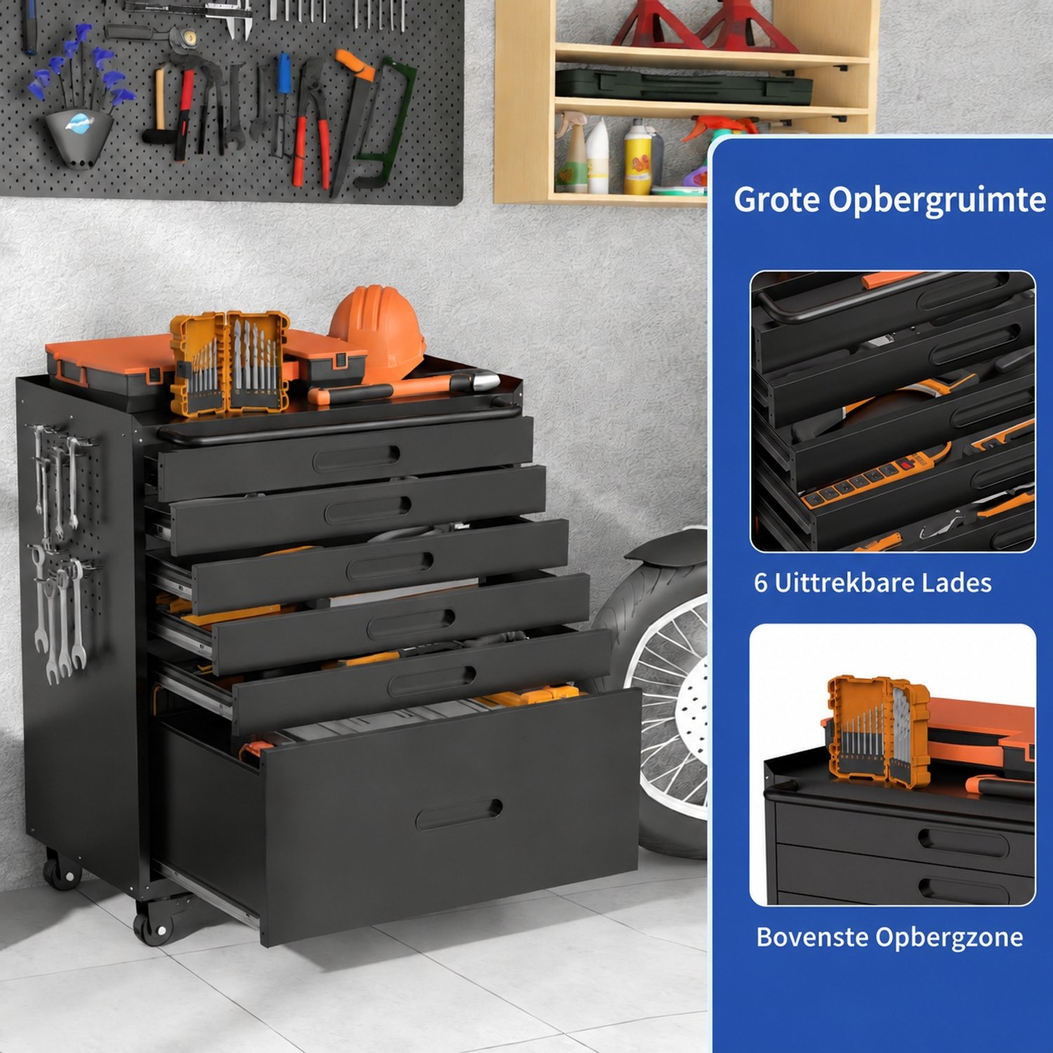 Gereedschapswagen Met 6 Laden - Mobiele Gereedschapskast Met 4 Wielen En 10 Haken - Koudgewalst Staal - Voor Garage En Werkplaats - Zwart