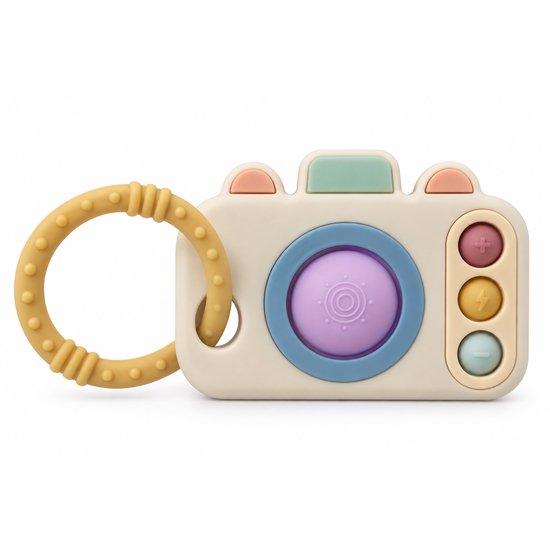 Beige siliconen camera-bijtring met gele textuurring, gekleurde knoppen en een centrale paarse Pop It-cirkel.