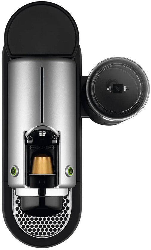 Bovenaanzicht van zilveren Nespresso Citiz & Milk machine met capsulehouder en zwarte melkopschuimer.