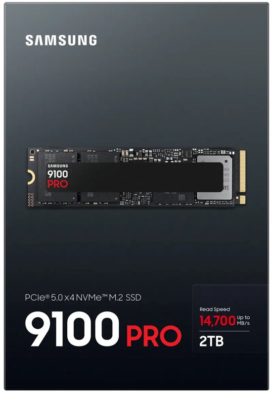 Verpakking van de Samsung 9100 PRO 2TB PCIe 5.0 NVMe M.2 SSD met productnaam en technische specificaties.