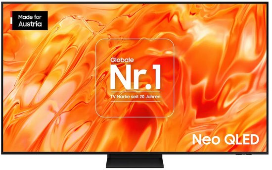 Samsung Neo QLED tv met oranje abstract scherm, tekst 'Globale Nr.1 TV Marke seit 20 Jahren' en 'Made for Austria'.