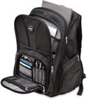 Zwarte Kensington rugzak open met laptop, organiser voor pennen en mesh-vakken voor accessoires.